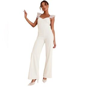 Lulu's Luxe Position White Ruffled Wide-Leg Jumpsuit Size XS NWT